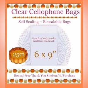 25ct 6’x9’ Clear Cello Bags w/Free Stickers 🧁🆕🧁 Crystal Clear/Resealable…